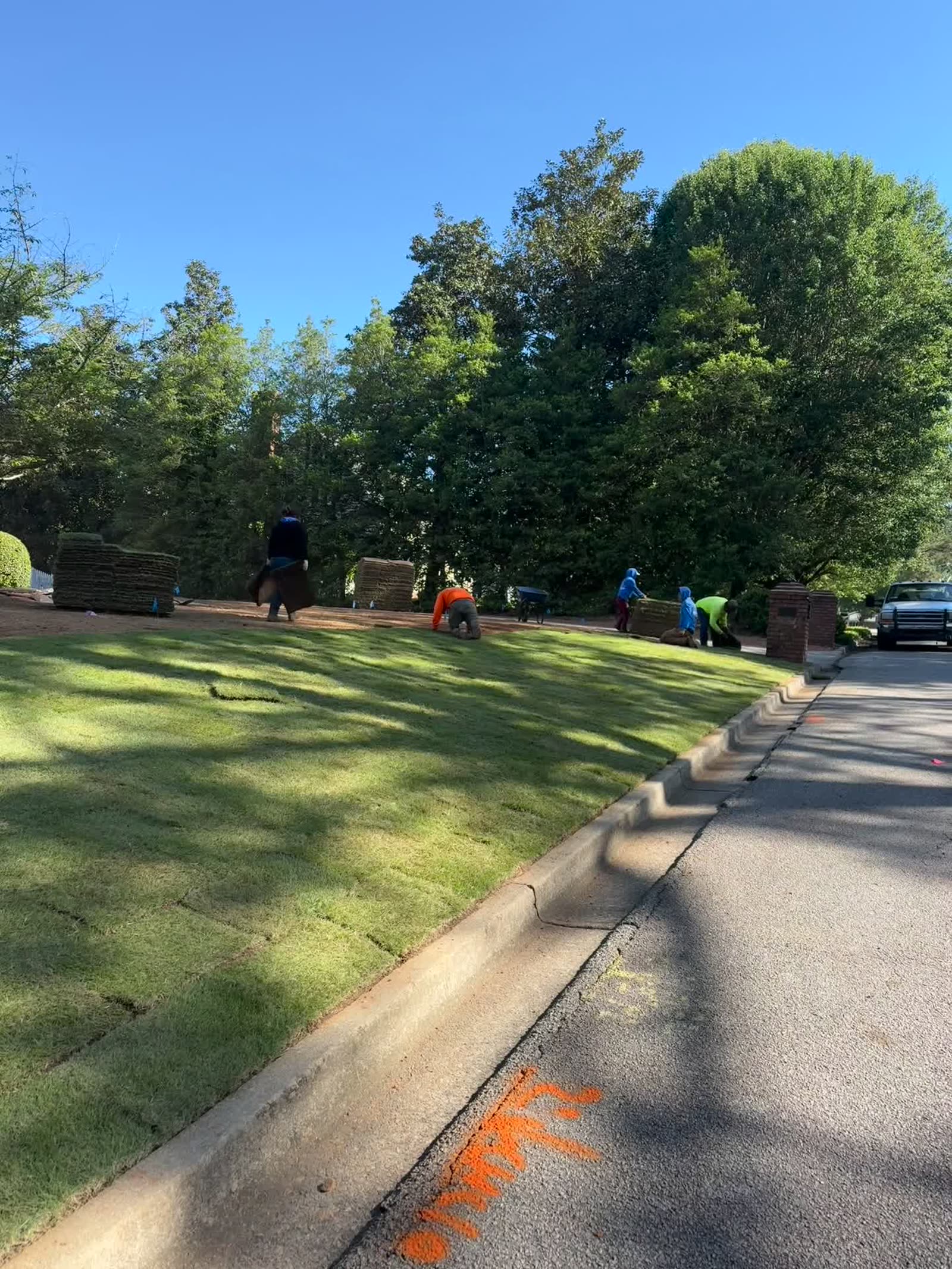 Landscaping crew laying sod squares by hand